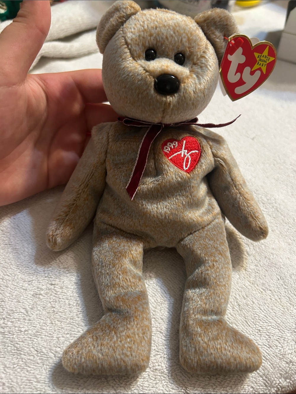 Ty Plush Bear in Tan with Red Heart Patch and Burgundy Ribbon
